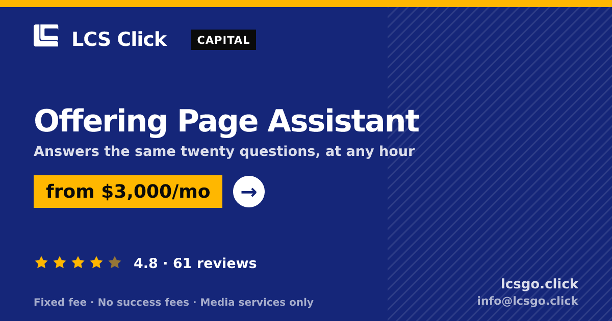 Offering Page Assistant — from $3,000/mo, rated 4.8/5 across 61 reviews. LCS Click.