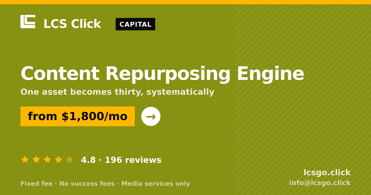 Content Repurposing Engine — from $1,800/mo, rated 4.8/5 across 196 reviews. LCS Click.