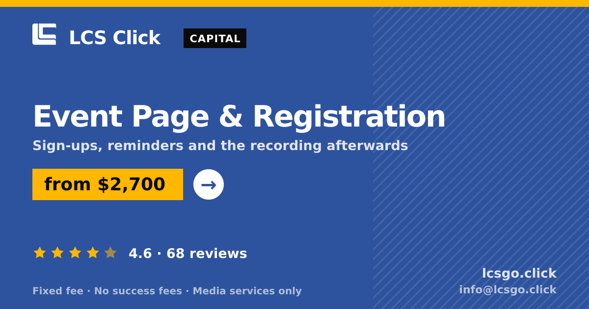 Event Page & Registration — from $2,700, rated 4.6/5 across 68 reviews. LCS Click.