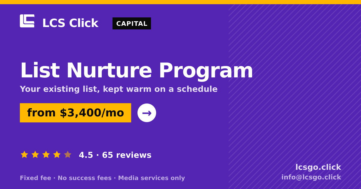 List Nurture Program — from $3,400/mo, rated 4.5/5 across 65 reviews. LCS Click.
