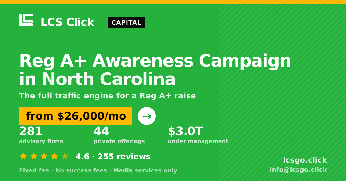 Reg A+ Awareness Campaign in North Carolina — from $26,000/mo, rated 4.6/5 across 255 reviews. LCS Click.