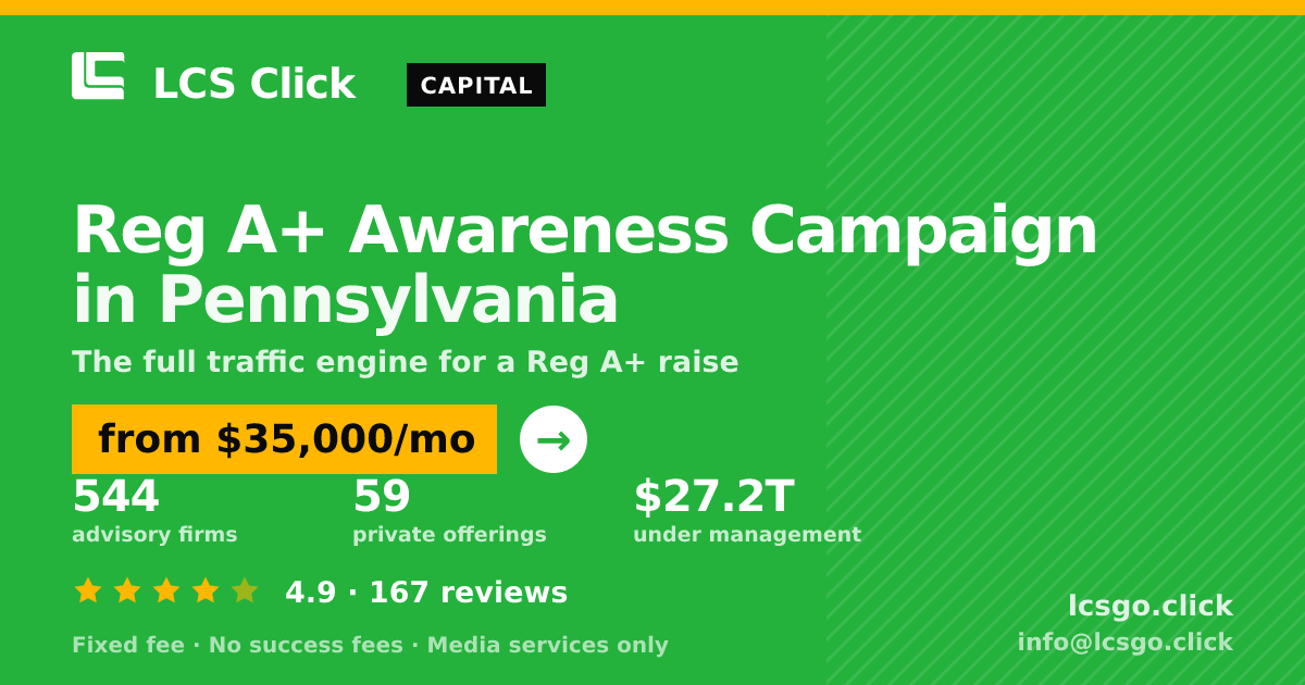 Reg A+ Awareness Campaign in Pennsylvania — from $35,000/mo, rated 4.9/5 across 167 reviews. LCS Click.