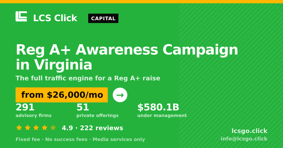 Reg A+ Awareness Campaign in Virginia — from $26,000/mo, rated 4.9/5 across 222 reviews. LCS Click.